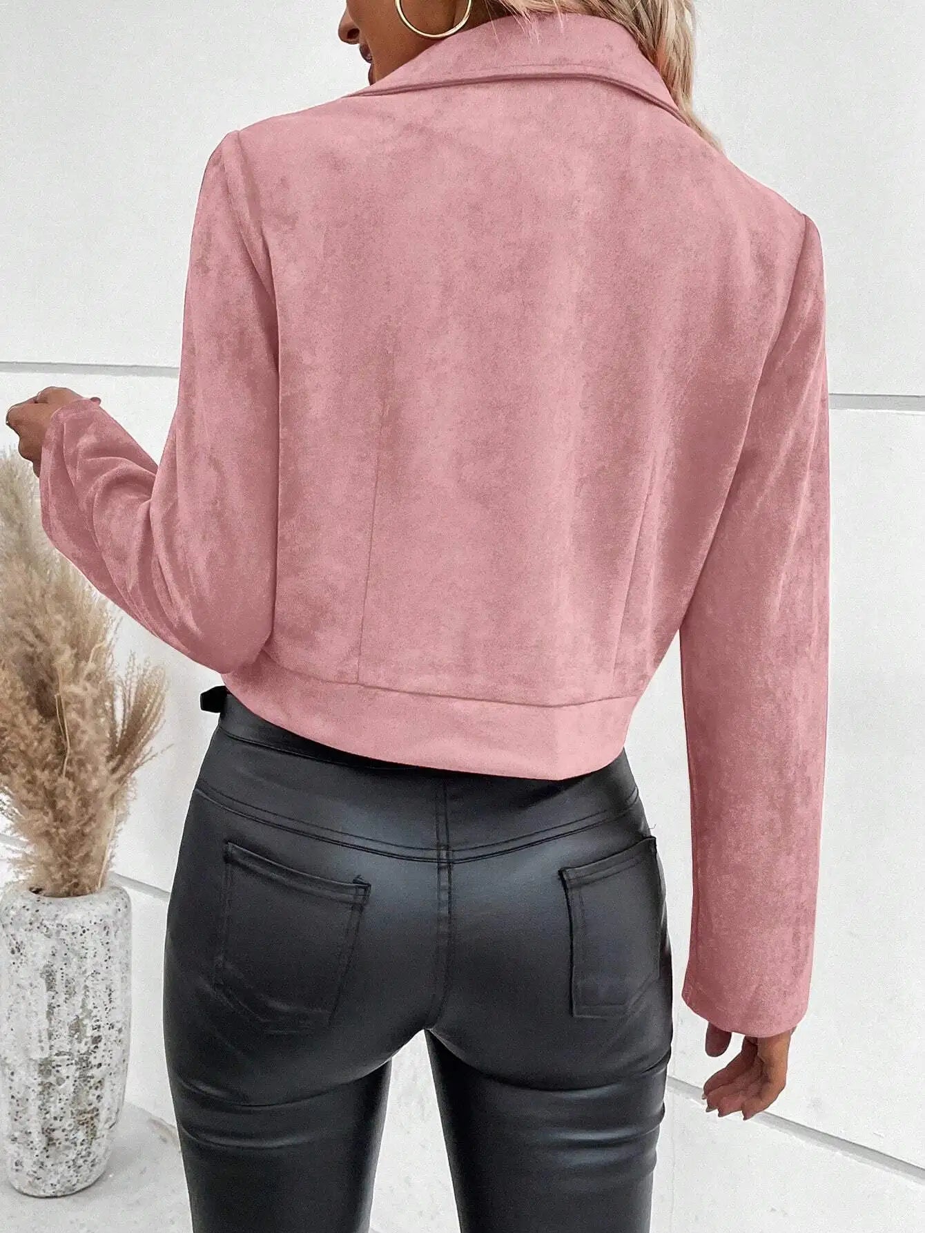 Women's Suede Faux Leather Jacket Autumn Zip-Up Moto Short Coat Lapel Collar Slim Fit Winter Outer Streetwear Casual Wear