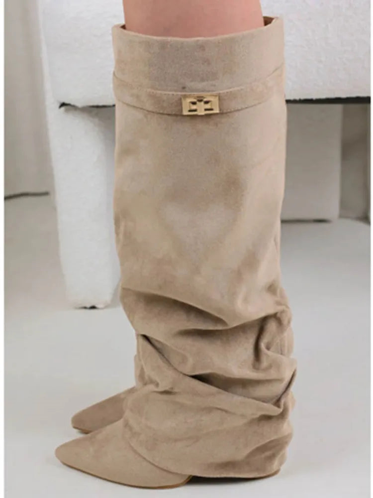 Autumn and Winter New Pointed Metal Buckle Knee High Women's Boots, Thick High-heeled Pants Boots, Fashionable Mid Leg Boots