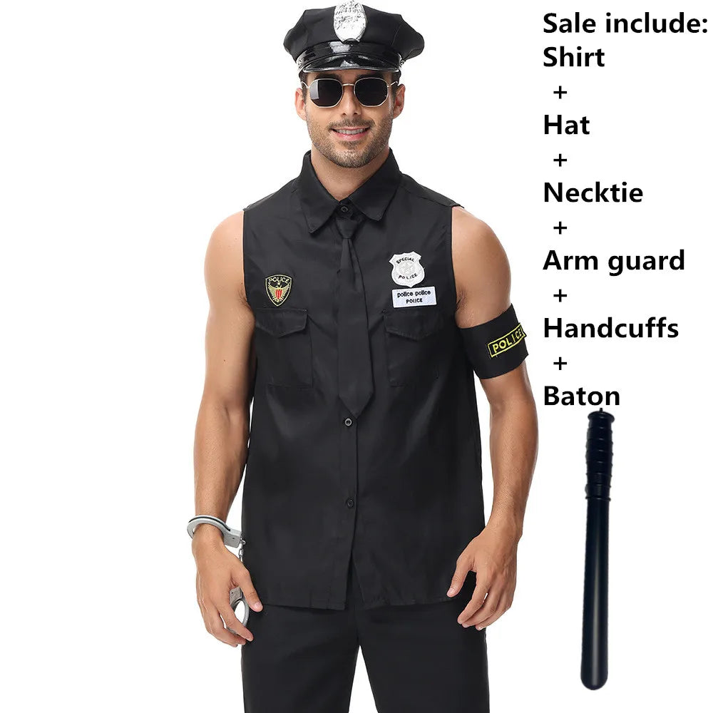 Halloween Costumes for Men America U.S. Police Dirty Cop Officer Costume Black Top Shirt Fancy Cosplay Clothing