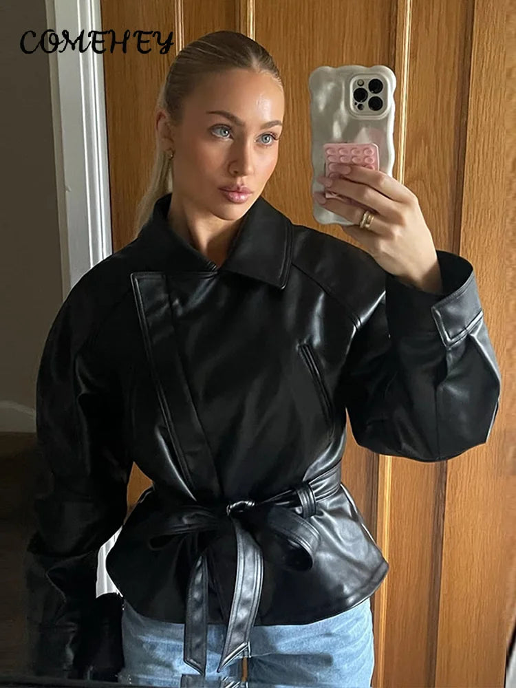 Black Belt Women's Leather Jacket Lapel Full Sleeve Zip-up Lace Up Waist Cinching Cropped Coats 2026 Autumn Street Lady Jackets