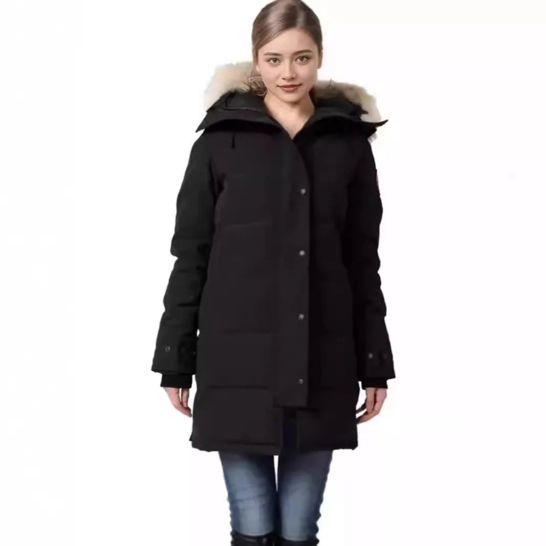 Shelburne Women's 15 Style down Jacket Hooded Wolf Fur Collar Thickened Long Sleeve Polyester Fabric White Duck down Coat