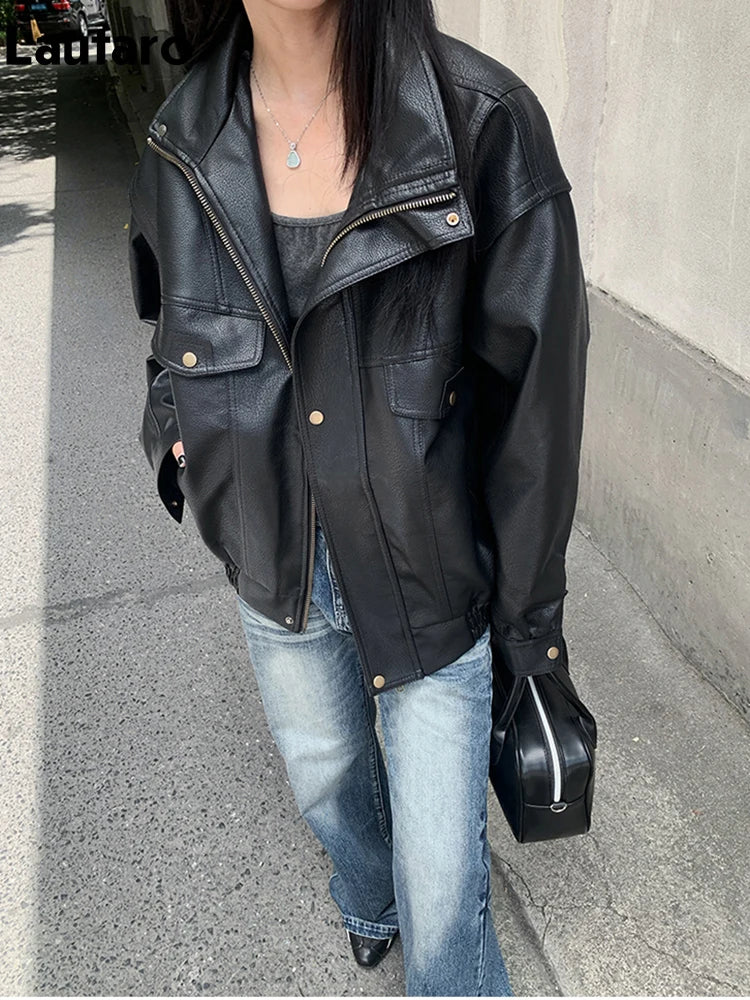 Lautaro Spring Winter Cool Oversized Thicken Warm Black Hard Pu Leather Jacket Women Long Sleeve High Quality American Clothing