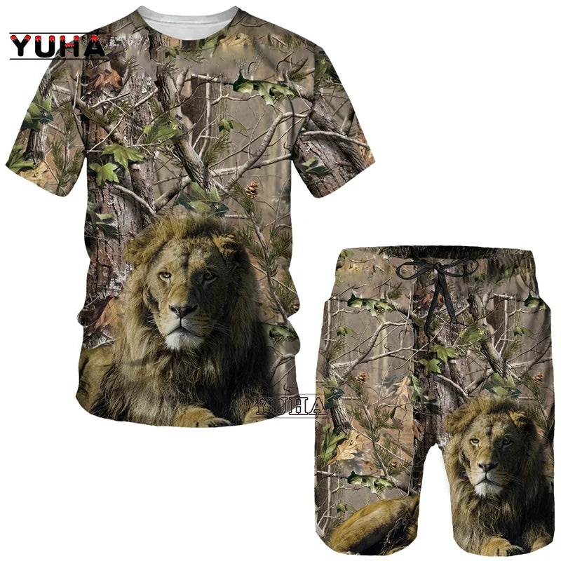 YUHA,Hunting  Summer Men's 3D Printed Camouflage Maple Leaves T-Shirt/Shorts/Suits Unisex Casual Outdoor Sportwear Short Sleeved