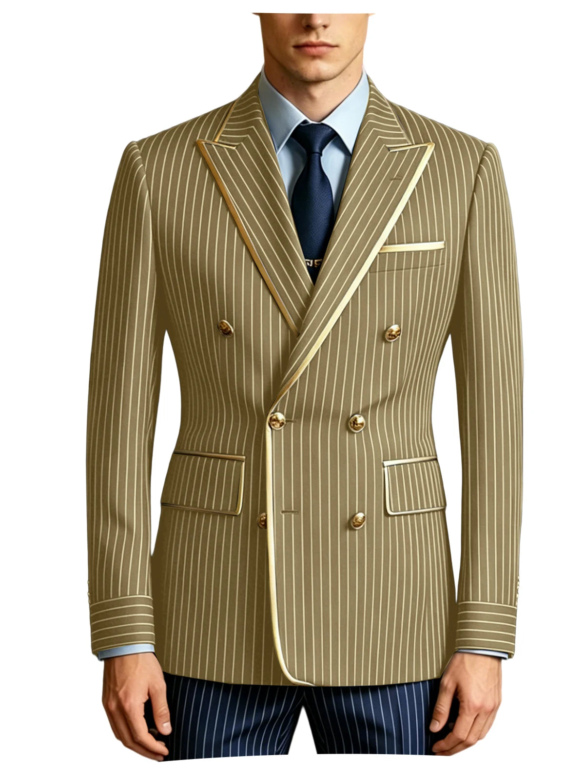 Men's Double Breasted Pinstripe Blazer Slim Fit Formal Business Suit Jacket Luxury Gold Trim  Tuxedo for Wedding Party Office