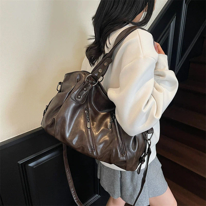 Retro Brand Roomy Shoulder Bag Female Luxury Solid Color Classic Crossbody Bag Large Capacity Style Soft PU Leather Tote Bag
