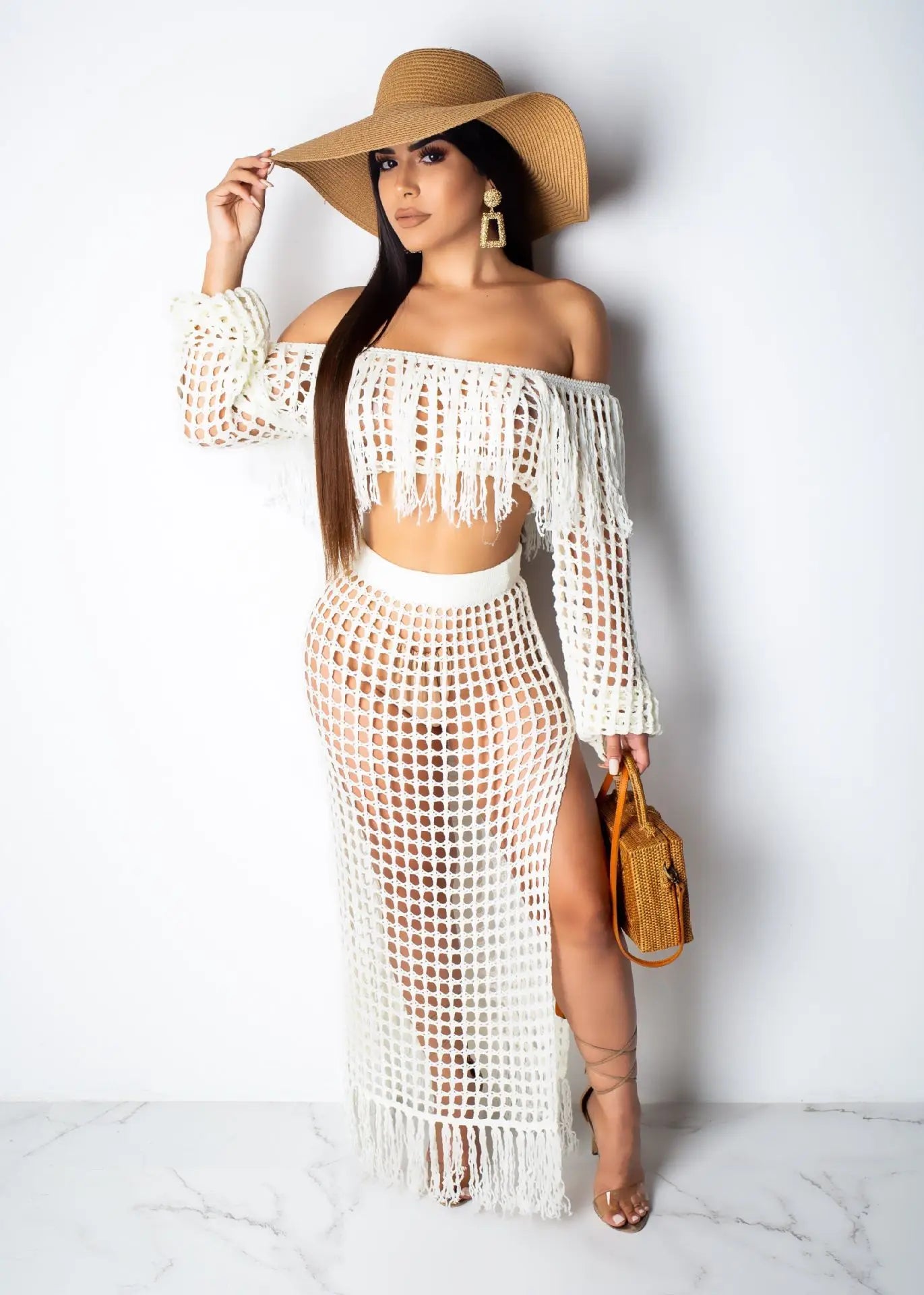 Skirt 2 Piece Set Women Beach Long Skirts Suit Top Off Shoulder Tassels Sexy Hollow Out Ensemble 2025 Summer Female Outfits