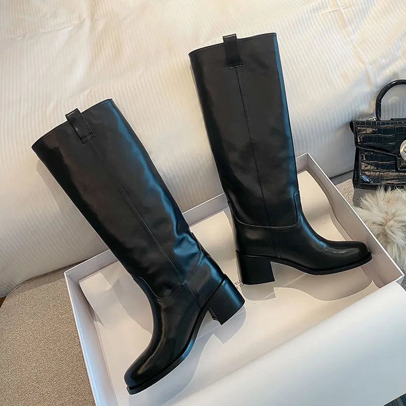 Arden Furtado Autumn Cowhide Knee High Boots Round Toe Pull-On Chunky Heels Riding Boots British Style Large Size Boots