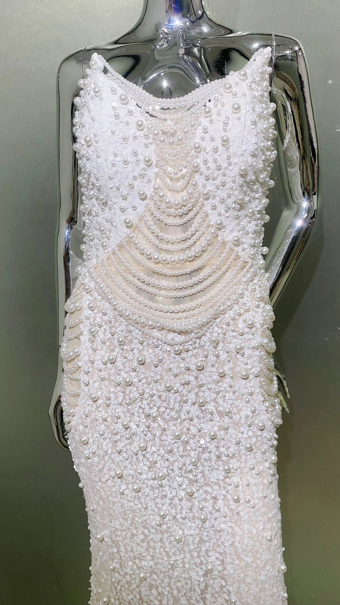 Luxury Pearl String Sexy See Through White Sequins Long Dress Elegant Woman Wedding Party Dress Red Carpet Goddess Vestido