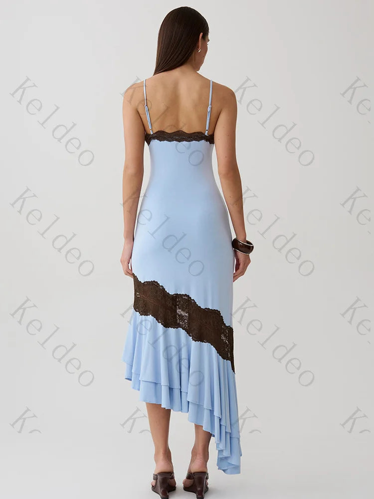 Customized Spaghetti V-neck Sleeveless Mermaid Evening Dresses Patchwork Lace Ruffles Draped Open Back Ankle Length Prom Party