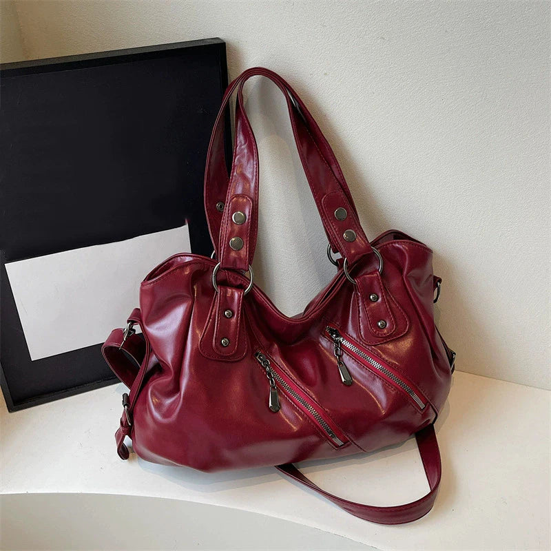 Retro Brand Roomy Shoulder Bag Female Luxury Solid Color Classic Crossbody Bag Large Capacity Style Soft PU Leather Tote Bag
