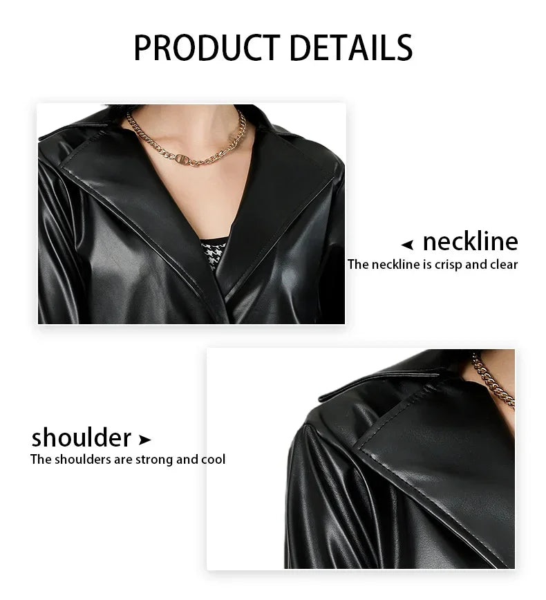 Women's Streetwear Windbreaker Black Tie Up Pu Leather Jackets For Women Fall Winter Windproof Anoraks Trench Coat For Women