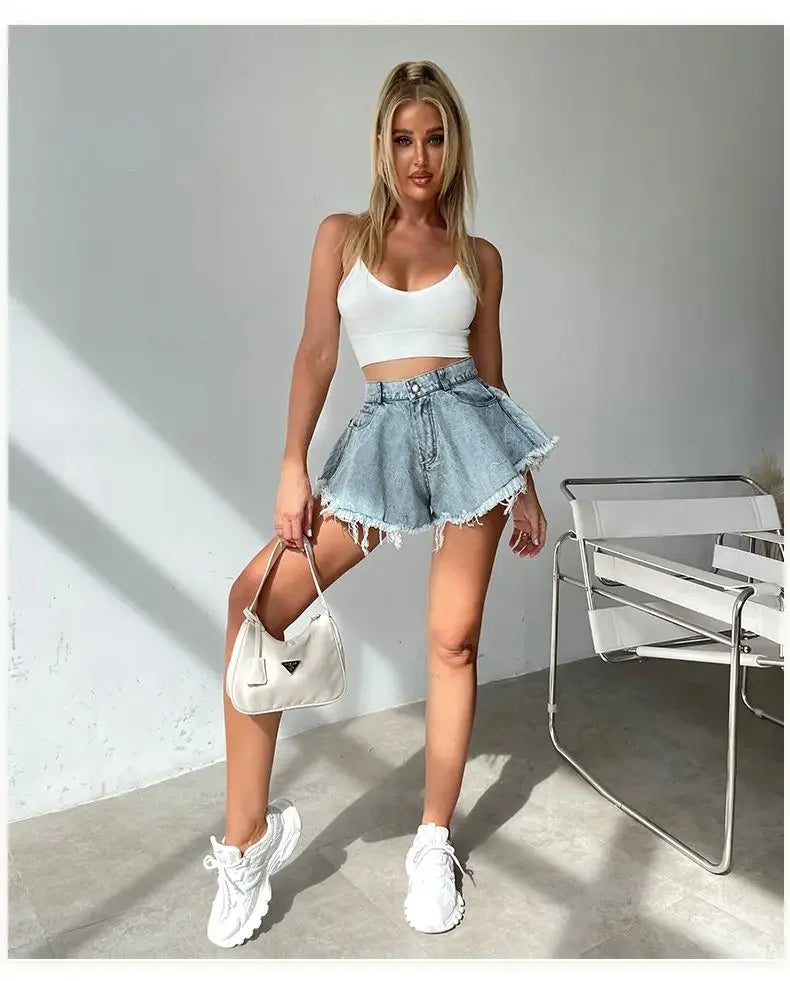 Wide Leg Shorts Women Y2k Denim Frayed Sexy Girls High Waist Hotsweet All-match Vintage Fashion Pockets European Style Females