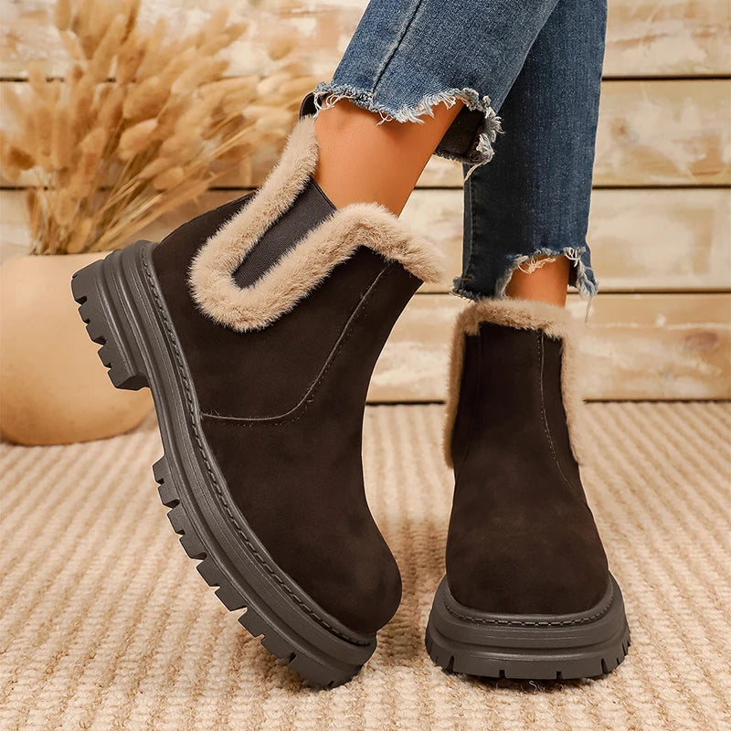 Thick Sole Fur Winter Ankle Boots Women 2026 Slip On Non Slip Plush Short Booties Mujer Plus Size 43 Platform Suede Boots Female