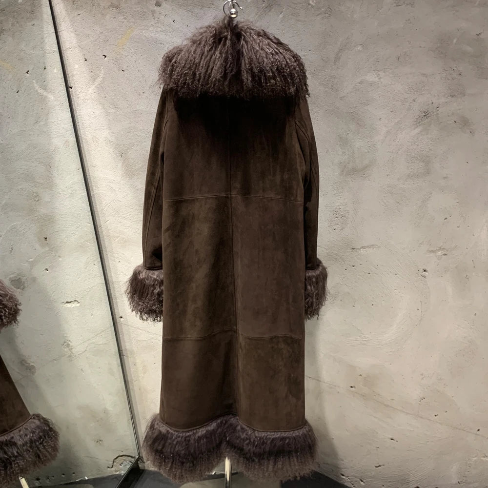 Suede Coat Fur Collar Women Autumn Genuine Sheepskin Coat Long with Mongfolian Fur Trim