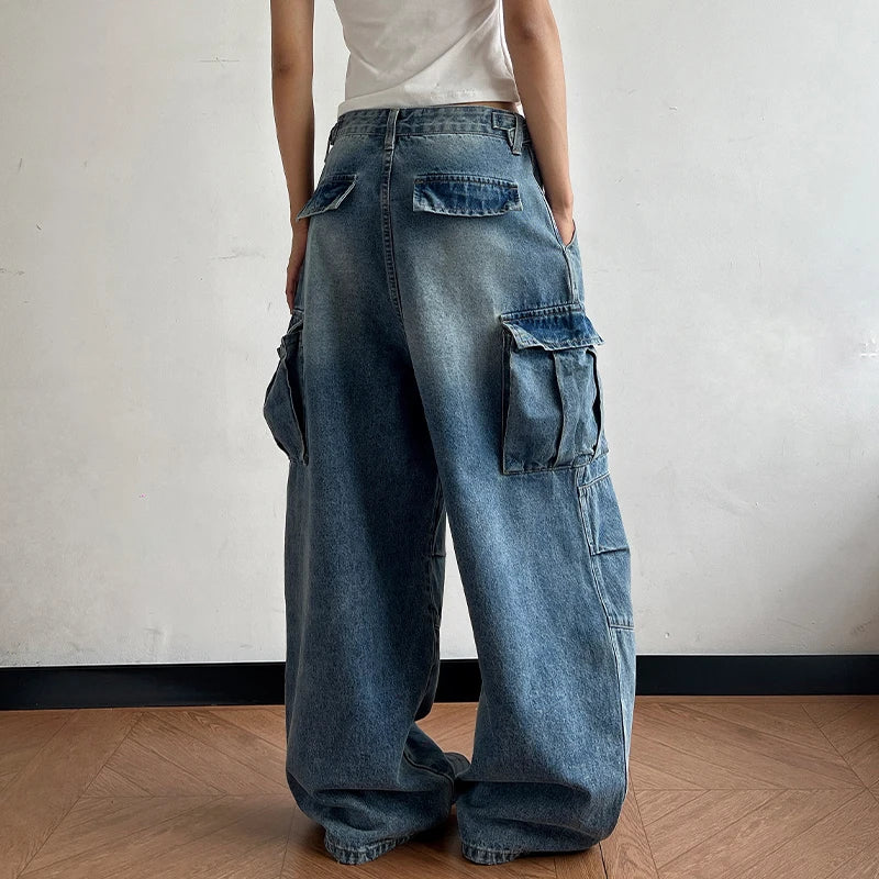 Y2K Jeans Men Women Retro Baggy Wide-leg Cargo Denim Pants Fashion Streetwear Multi-pocket Personality Splicing Loose Trousers