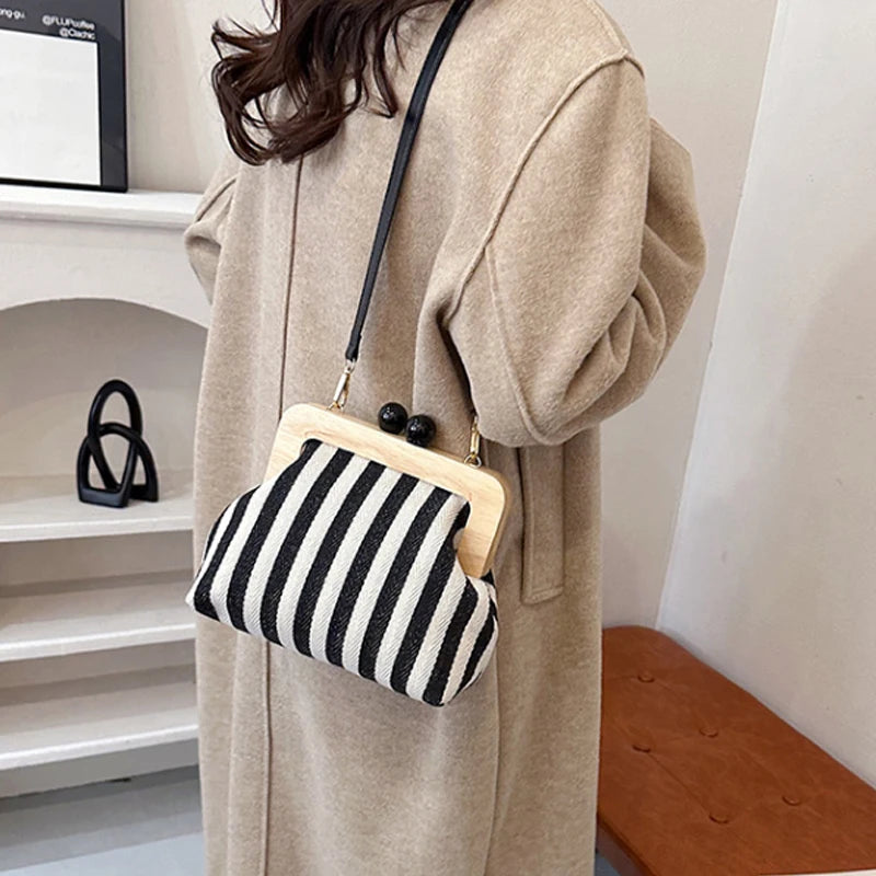 New Black Stripe Canvas Wooden Clip Bag Women Bag Fashion Shoulder Bag Crossbody Bag