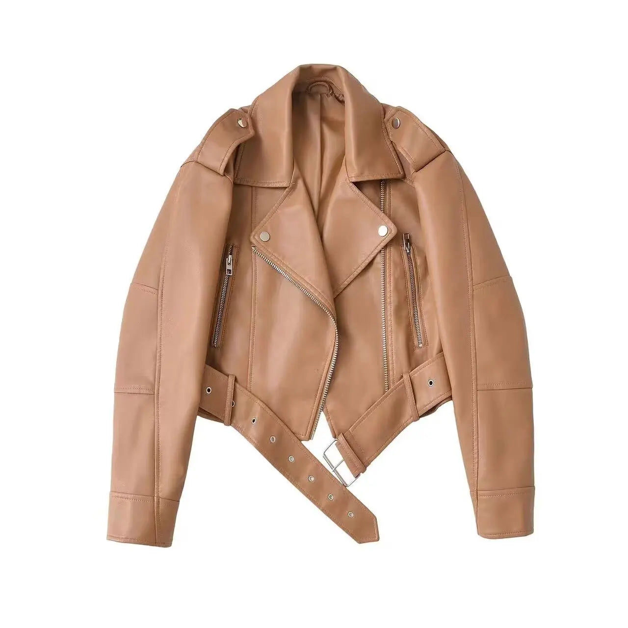 Women Autumn Winter Loose Gray PU Faux Leather Short Jackets Belt Female High Street Zipper Retro Moto Biker Coats Outwear XS-XL