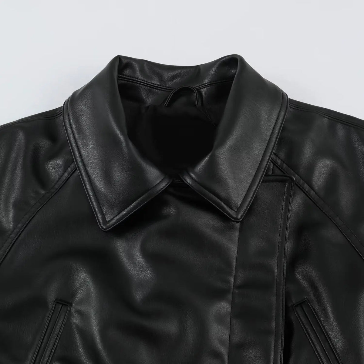 Women's PU Leather Jacket 2026 Retro Black Lapel Asymmetrical Zipper Belted Waist Zipper Pockets Cropped Biker Coat