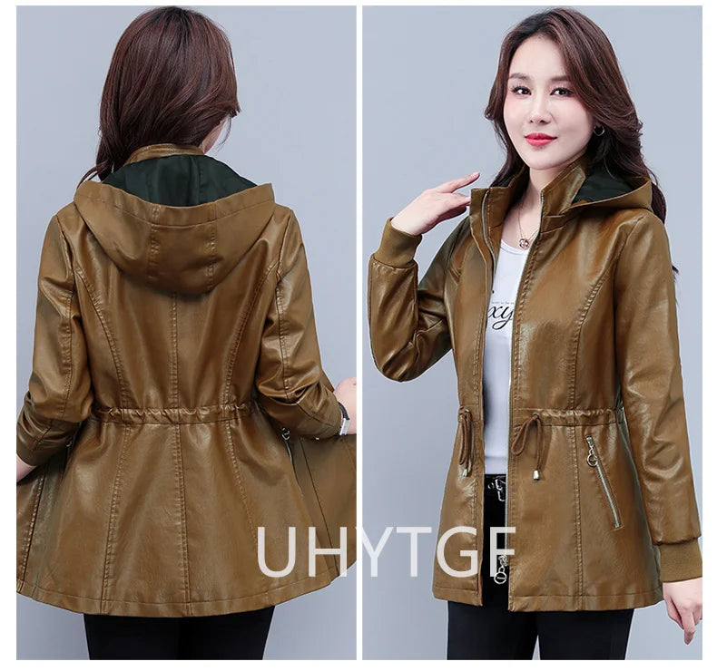 UHYTGF Fleece Winter Leather Female Quality Pu Leather Windbreaker Women Temperament Slim Warm 3XL Big Size Coat Deri Ceket 425