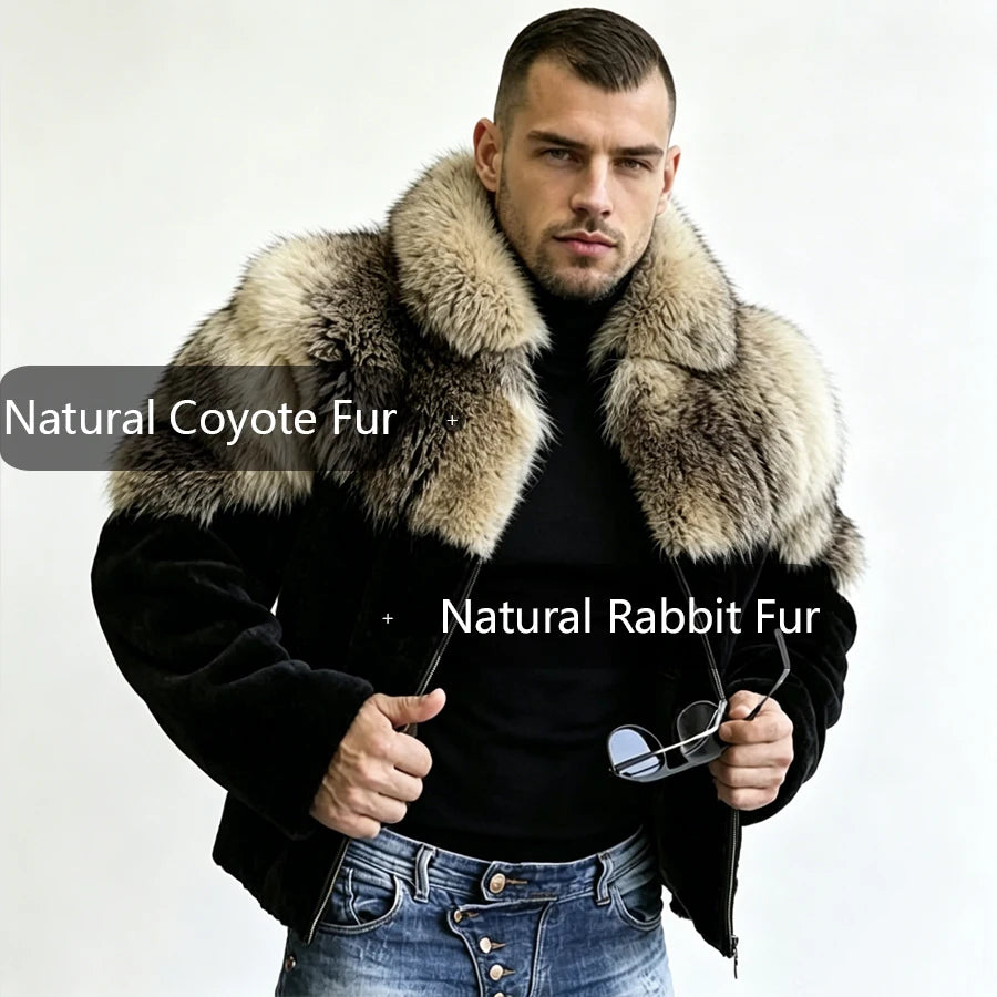 Men's Coyote Fur Jacket With Black Rabbit Fur Natural Wolf Fur Zippered Jacket Cropped Rabbit Fur Jacket New Real Fur Coat