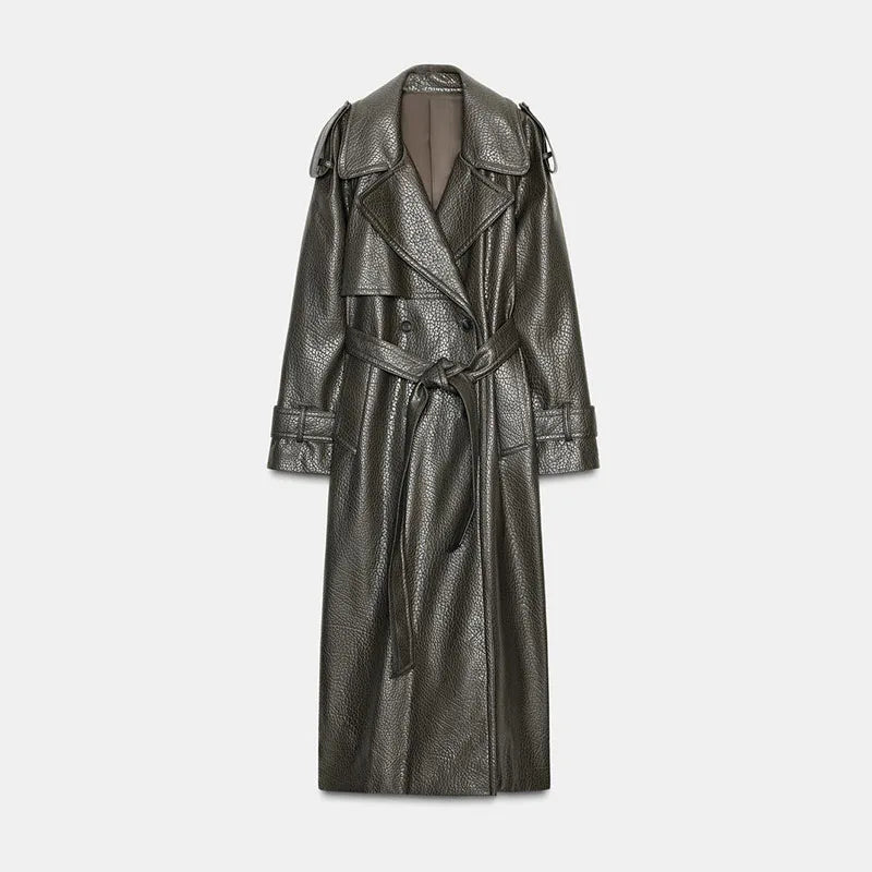 Double Breasted Lace up Long Leather Coat Woman Long Sleeves Loose Solid Color Casual Jackets Street Women's Early Autumn Coats