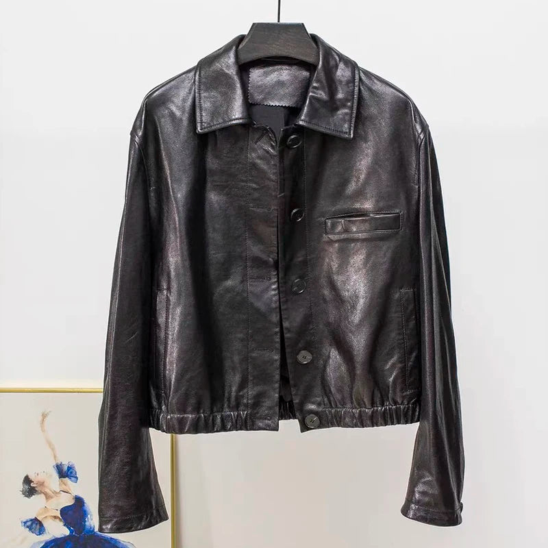 Advanced Oil Wax Leather Jacket for Women Autumn Winter Female 100% Lambskin Square Neck Elastic Waist  Loose Coat Vestes Femmes