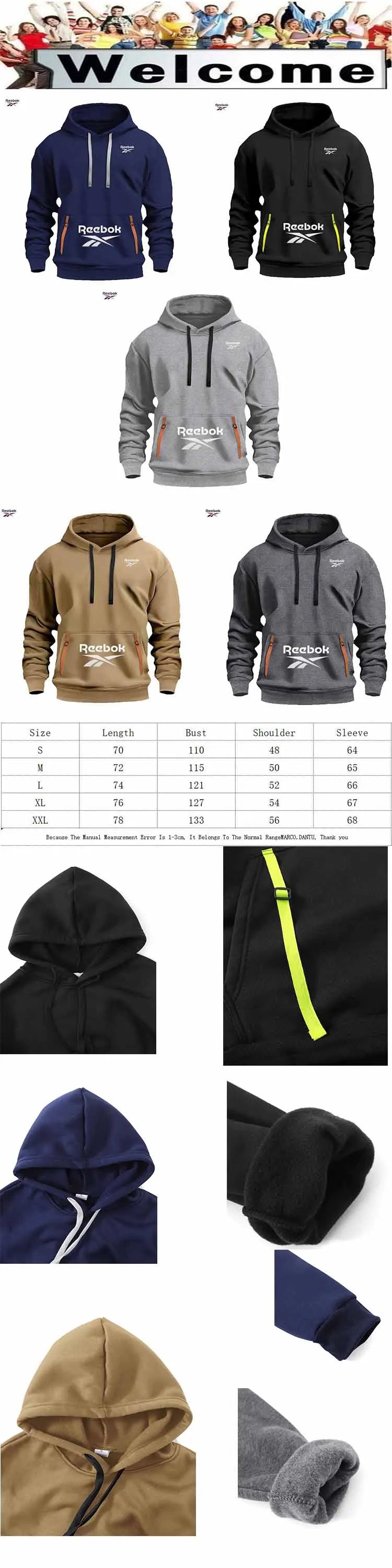 Reebok Men's Sports Sweatshirt, Loose and Casual, Pullover Hooded Shirt, Plain Color with Multiple Pockets Design, Simple and Li