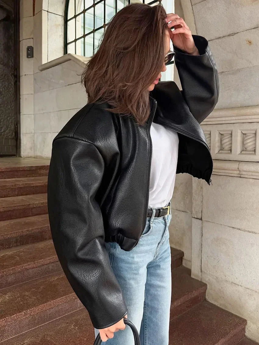 Black Short Leather Jacket Vintage Women's Stand Collar Full Sleeve V-neck Loose Jackets 2026 Lady  Autumn Casual Casual Outwear