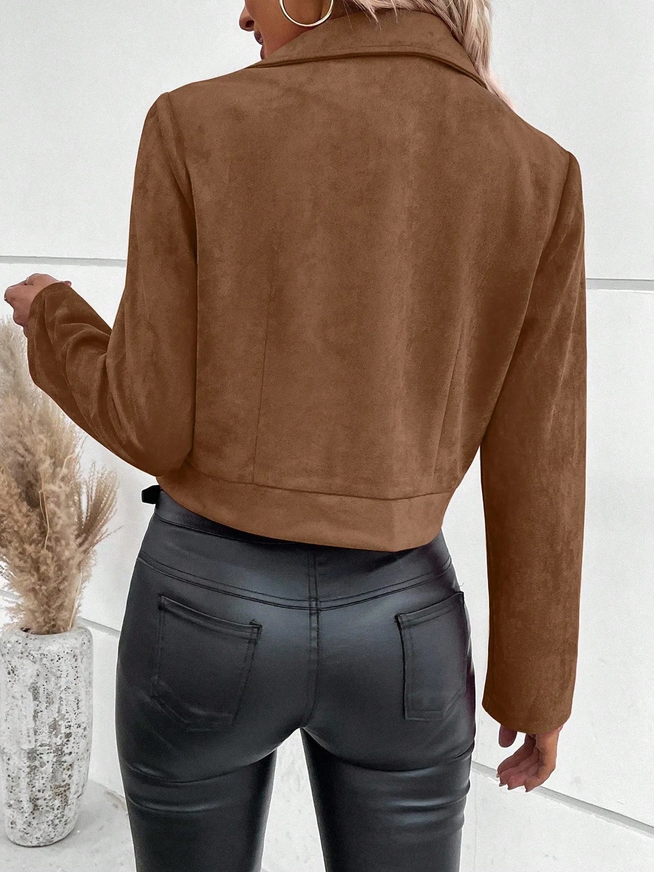 Women's Suede Faux Leather Jacket Autumn Zip-Up Moto Short Coat Lapel Collar Slim Fit Winter Outer Streetwear Casual Wear