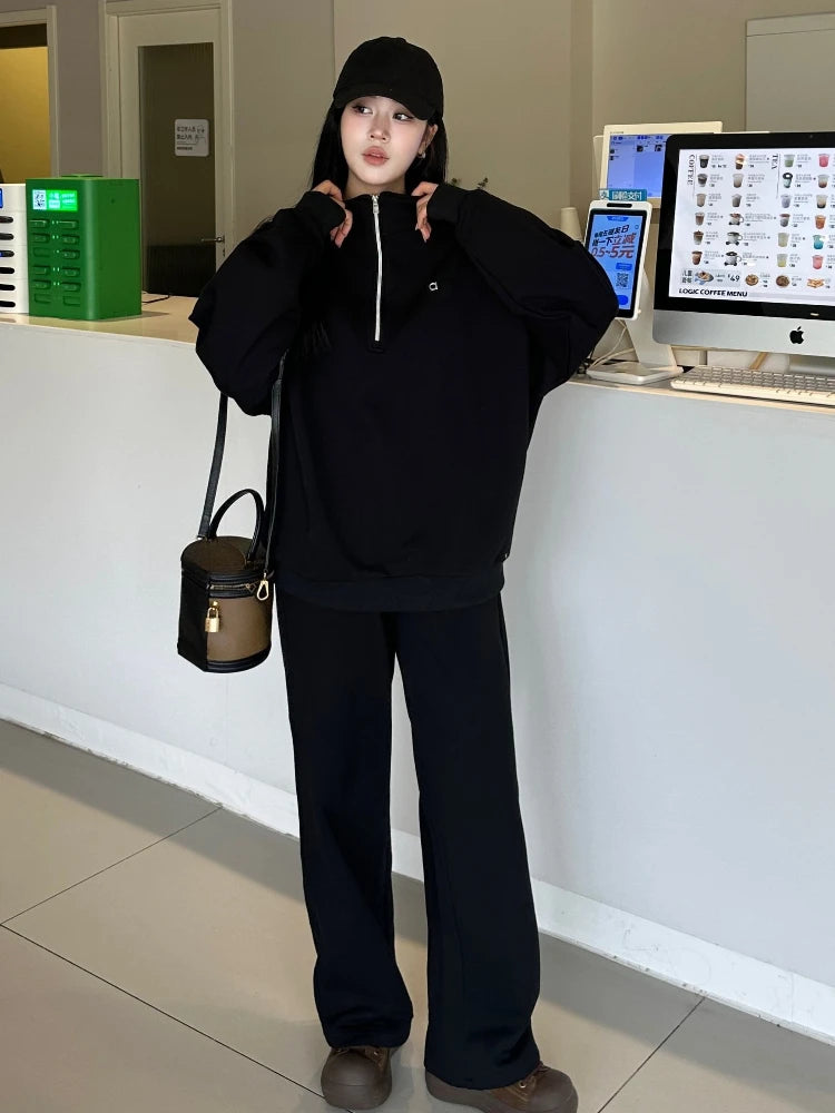 Leisure Solid Color High Waist Trouser Sets 2025 Autumn and Winter Women's Sports Suit Loose Fit Zipper Pullover Two-piece Set