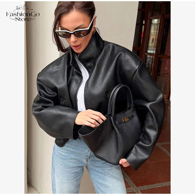 Black Short Leather Jacket Vintage Women's Stand Collar Full Sleeve V-neck Loose Jackets 2026 Lady  Autumn Casual Casual Outwear