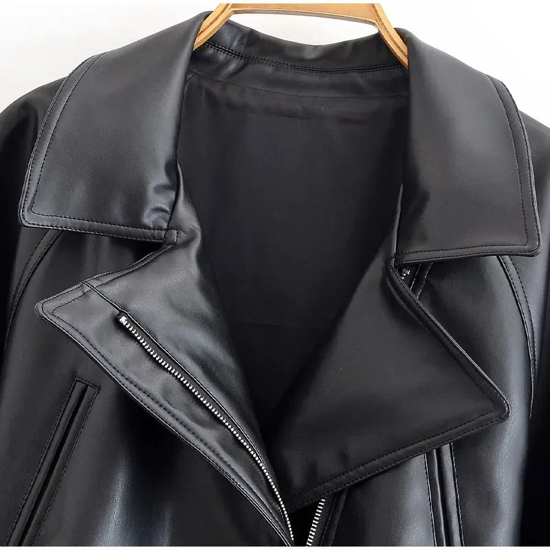 Black Belt Women's Leather Jacket Lapel Full Sleeve Zip-up Lace Up Waist Cinching Cropped Coats 2026 Autumn Street Lady Jackets