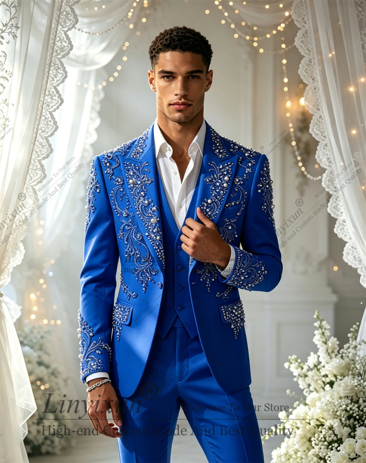 Elegant Diamond  Men Suits Set 3 Pcs Blazer Pants Trousers Luxury Wedding Tuxedo Formal Business Groom Coat Customized
