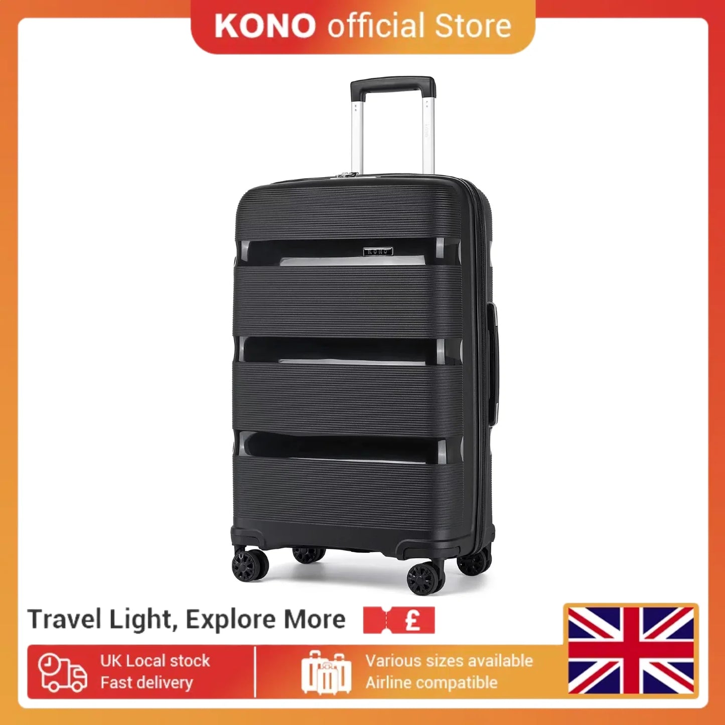 KONO Hardshell Suitcase, Lightweight Polypropylene Luggage with 4 Spinner Wheels & TSA Lock, 19/24/28 Inch Multiple Size Optional Large Capacity Travel Case