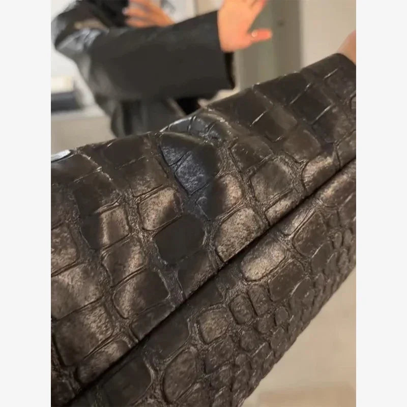 Women Cropped Faux Croc Leather Jacket Loose Solid Fashion Stand Collar Outerwear 2026 Autumn Street Winter Casual Party Coats