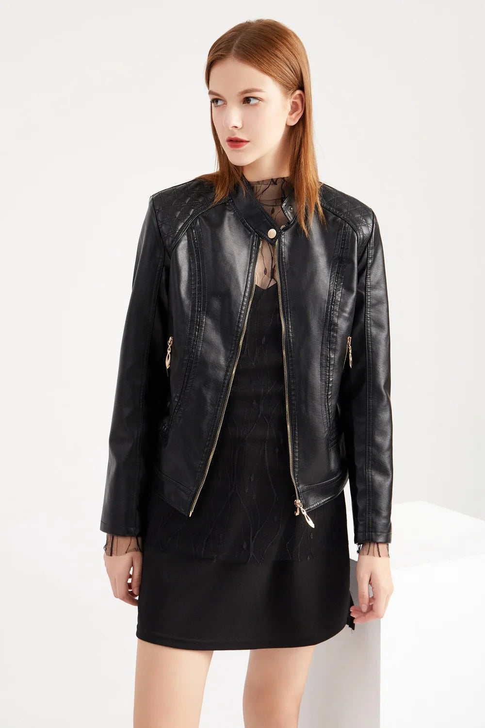 Women's Elegant Stand-up Collar Solid Jacket 2022 Female Three-dimensional Pattern Coat S-4XL New Pu Faux Leather Jacket Women
