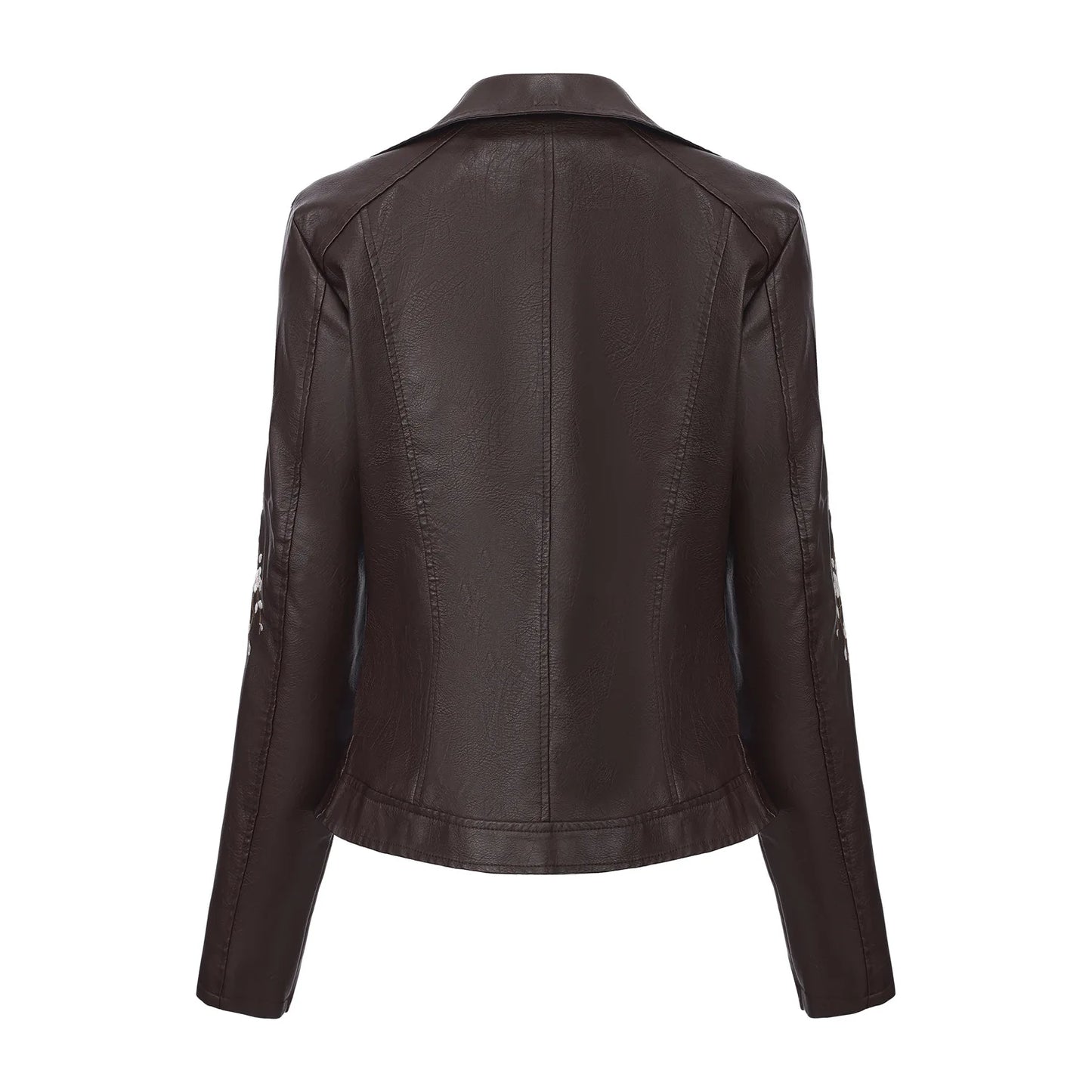 Women's Black Embroidered PU Jacket, Street-Style Brown Faux Leather Coat, Fashionable Beige Long Sleeves Top. 2026 New