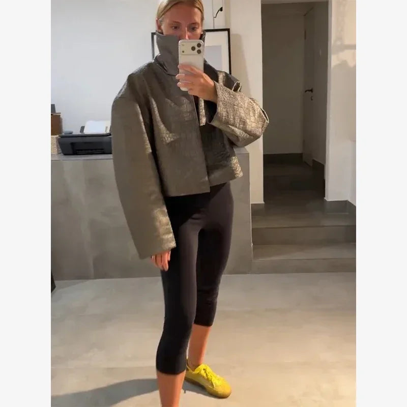 Crocodile Pattern Embossed Short Women Leather Jacket Stand Collar Zipper Long Sleeved Cropped Jackets 2026 Street Daily Outfit