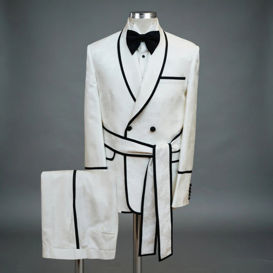 White Wedding Tuxedo Double Breasted for Men Black Piping Groom Suit with Belt Slim Fit Formal Prom Party Blazer with Pants