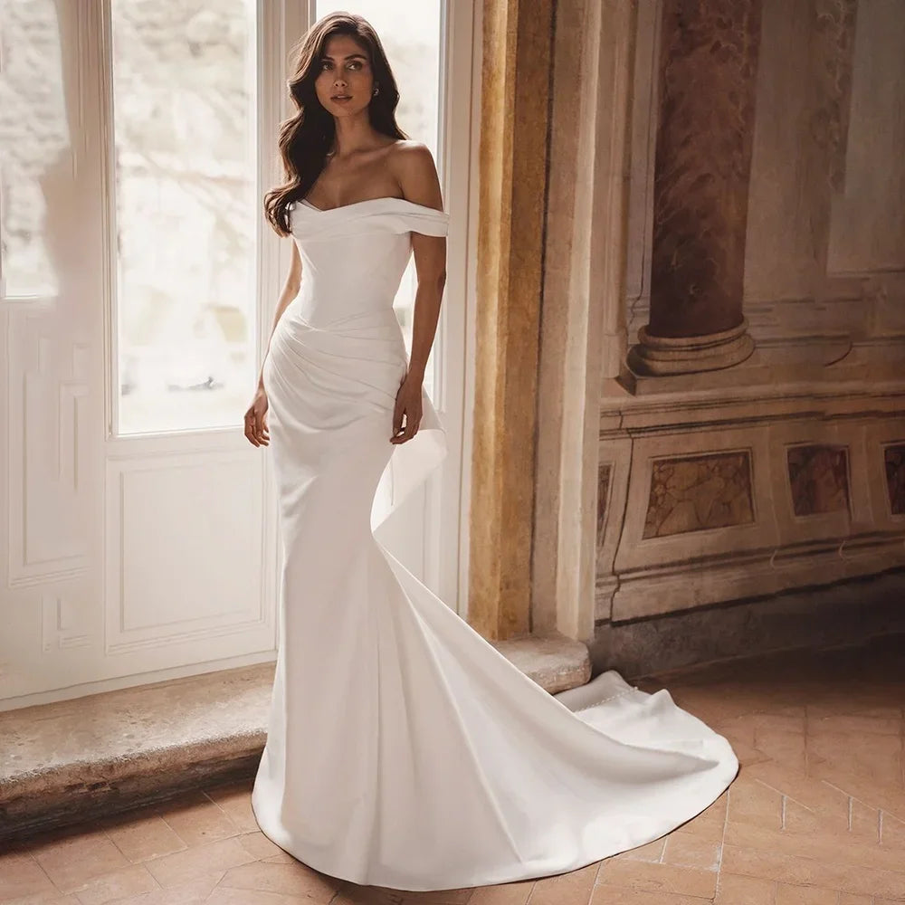 Customized Elegant Luxury Wedding Dress Off Shoulder Sweetheart Sleeveless Neck Ruched Satin Mermaid Back Bow Bridal Gown 2026
