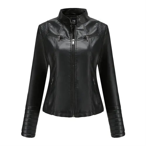 2026 Women's Bright Red V-neck Leather Jacket, Fashion Slim PU Coat, Black Short Outerwear Asia Size XS S M L XL XXL