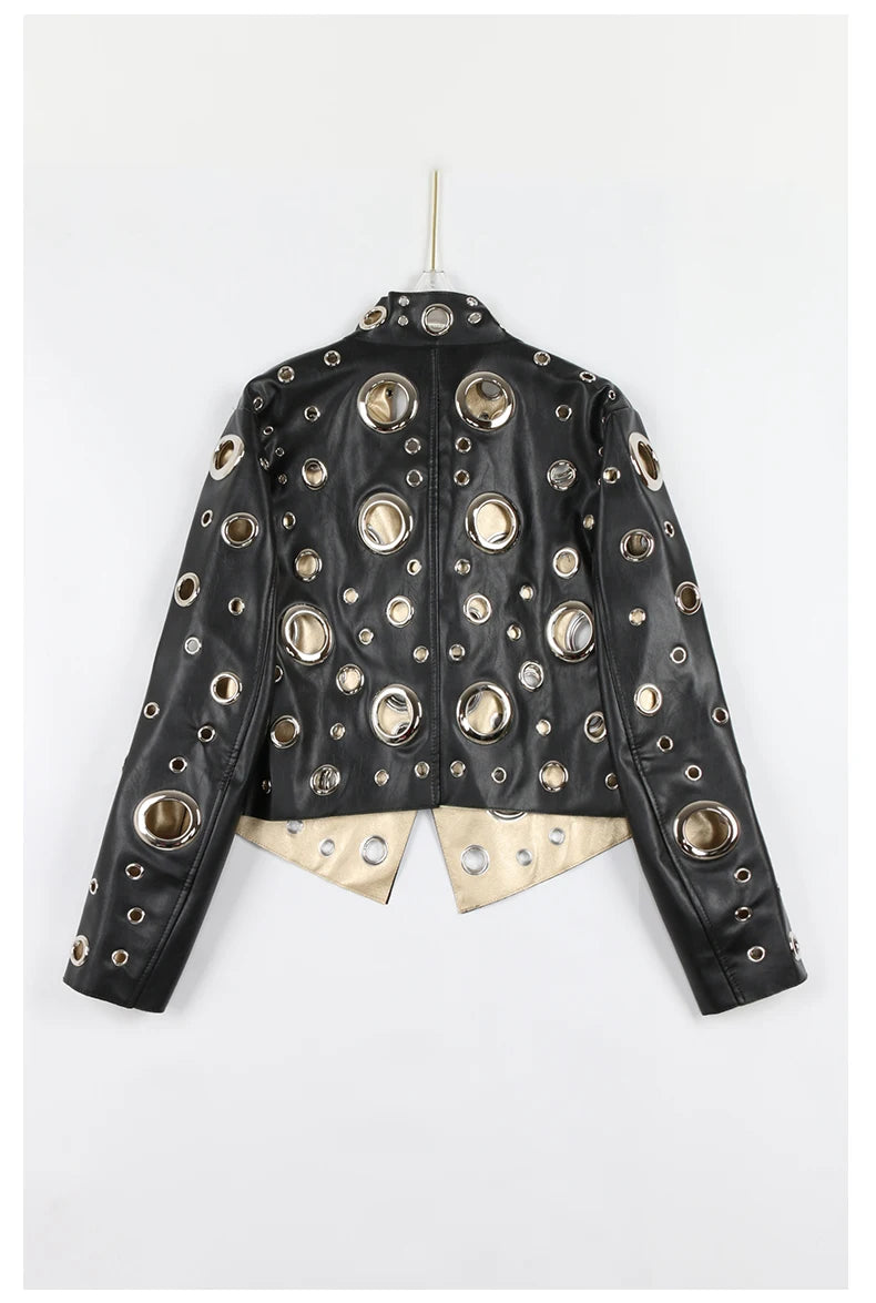 Nerazzurri Spring Autumn Short Hollow Out Pu Leather Jacket Women Rivet Cool Stylish Luxury Designer Clothes Runway Fashion 2024