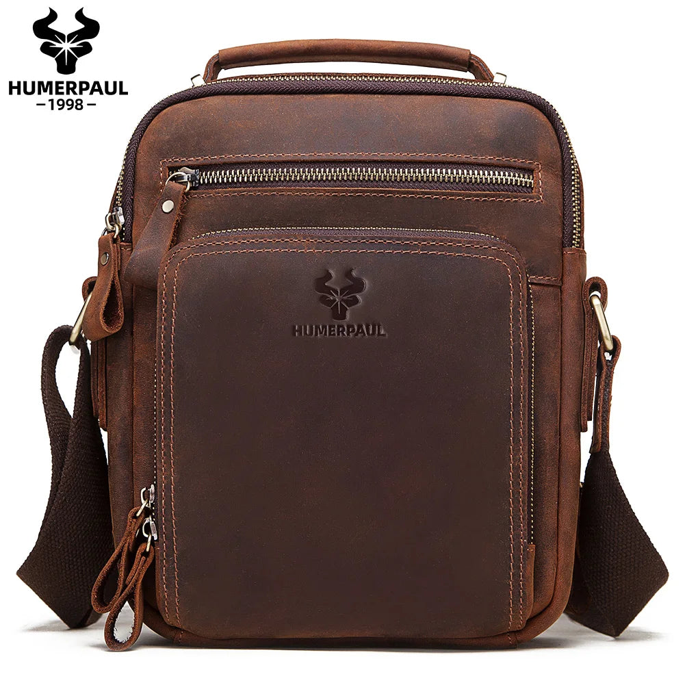 HUMERPAUL Men's Cowhide Shoulder Bag Casual Crossbody Bags Full Grain Leather Multifunctional Ipad Messenger Handbag Quality