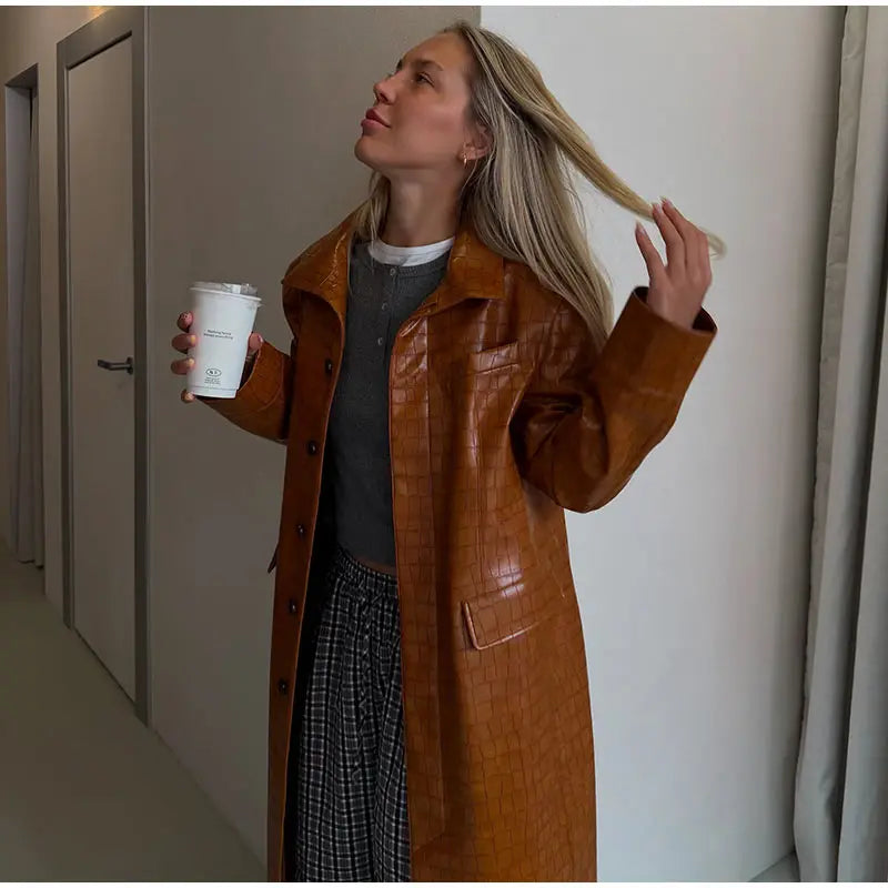 Fashion Croc Pattern PU Leather Women's Jacket Stand Collar Oversize Long Sleeve Chic Coat  2026 Autumn Winter New Daily Wear