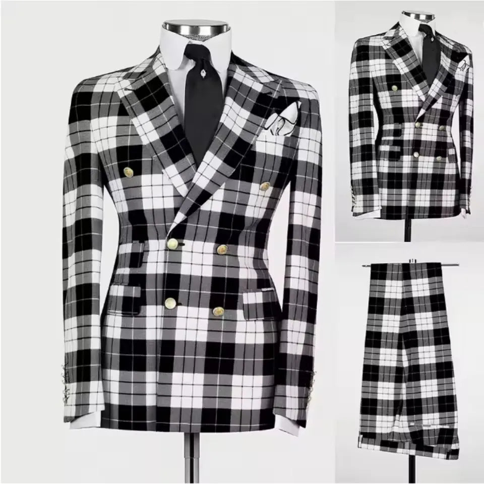 British Style Plaid Check Suits Men 2 Pieces Sets Double Breasted Prom Blazers Customized Man Business Daily Party Tuxedos