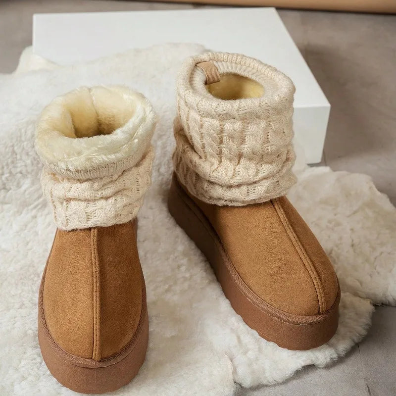 Winter Cute Warm Thick-Sole Comfortable Women's Boots Plush Lining Short Tube Slim Skid-Proof Knitted Sock Snow Boots