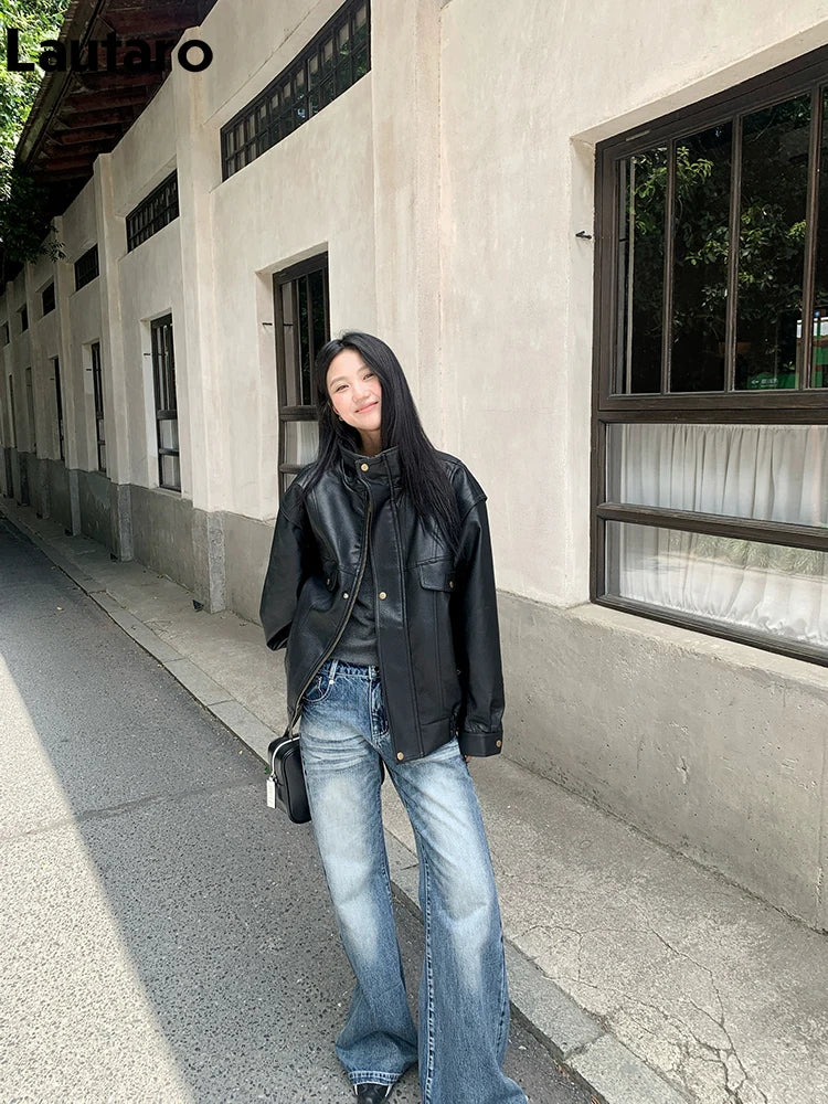 Lautaro Spring Winter Cool Oversized Thicken Warm Black Hard Pu Leather Jacket Women Long Sleeve High Quality American Clothing