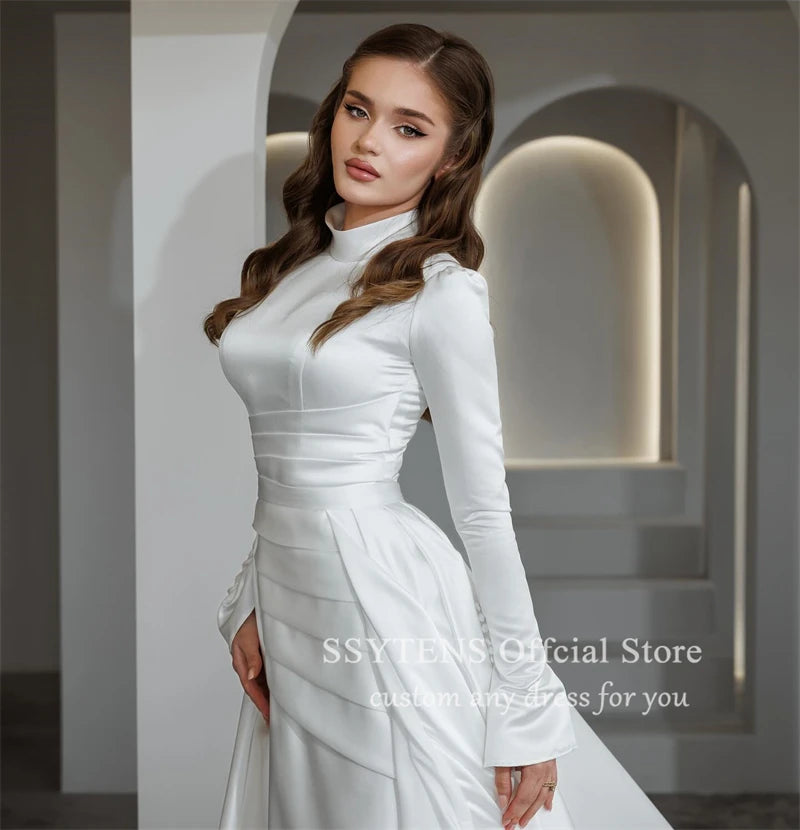 Formal Wedding Dresses High Neck Long Sleeves Mermaid Bride Bridal Gown Floor Length Muslim Customized White Civil Wedding Dress