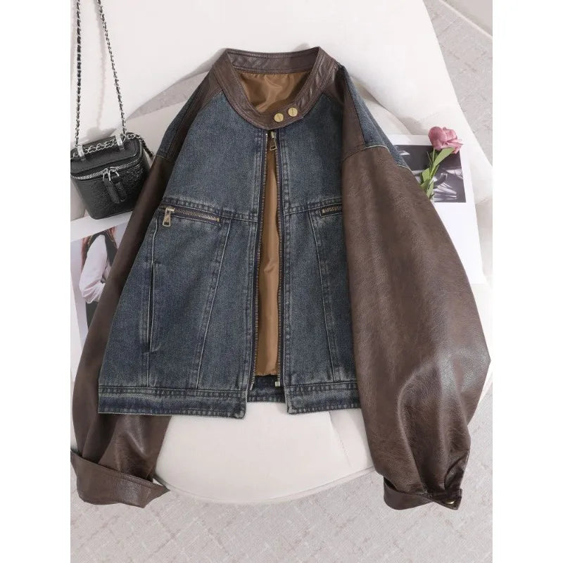 Women American Retro Denim Spliced Leather Jacket Women's 2026 Autumn New Models Are Popular This Year, Small Short Jackets