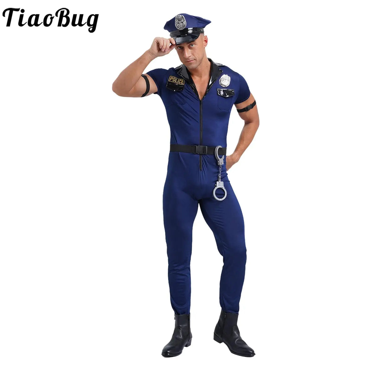 Men Police Uniform Cosplay Outfits Dirty Cop Officer Role Play Policeman Costume Front Zipper Jumpsuit Hat Belt Manacles Badge